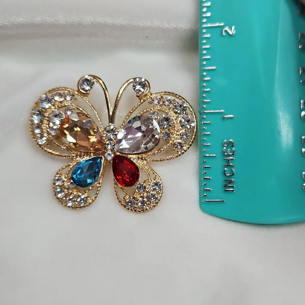 Women's Gold Tone Colorful Crystal Butterfly Brooch Retro Style Pin Rhinestones